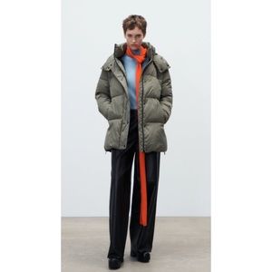 Zara HOODED QUILTED JACKET Dark Khaki M